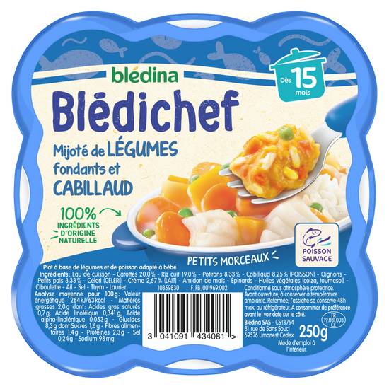 Blédina - Bledichef plat bébé légumes cabillaud dès 15 mois