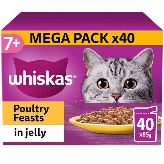 Whiskas 7+ Poultry Feasts Senior Wet Cat Food Pouches in Jelly 40 x 85g