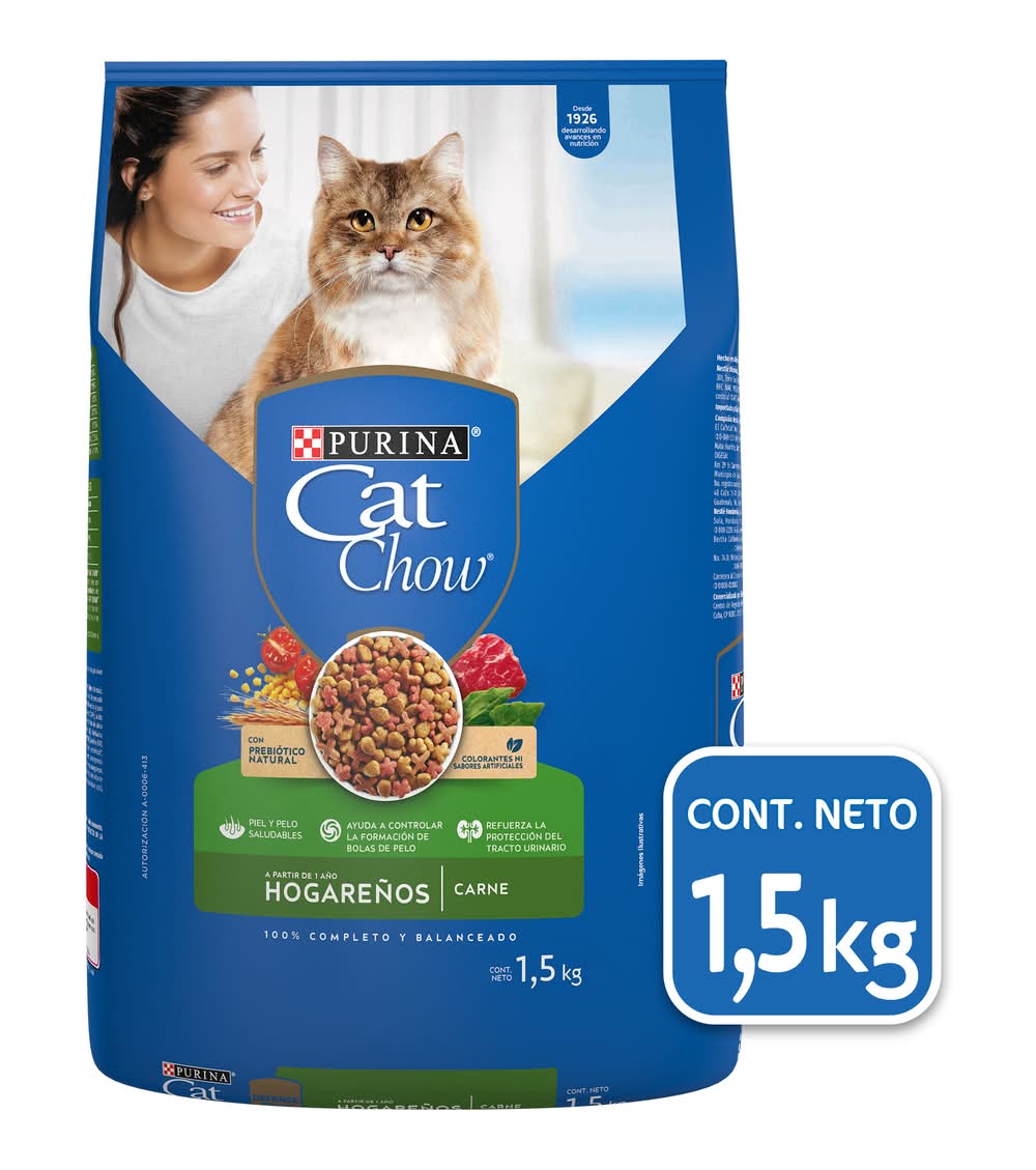 Purina Cat Chow · Defense plus alimento seco para gatos hogareños, carne, Adulto (1,5 kg)