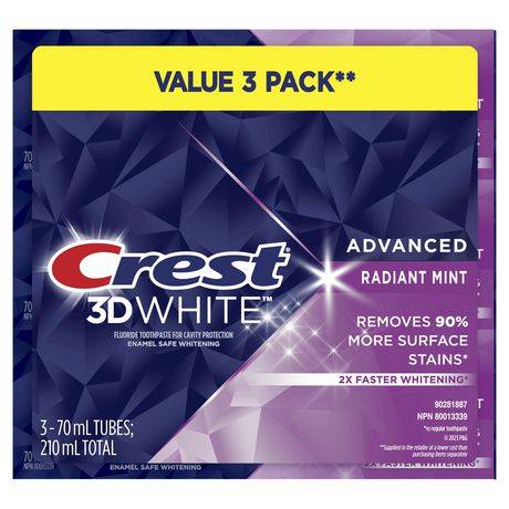 CREST 3D White Advanced Toothpaste, Radiant Mint (210 g, 3 ct)