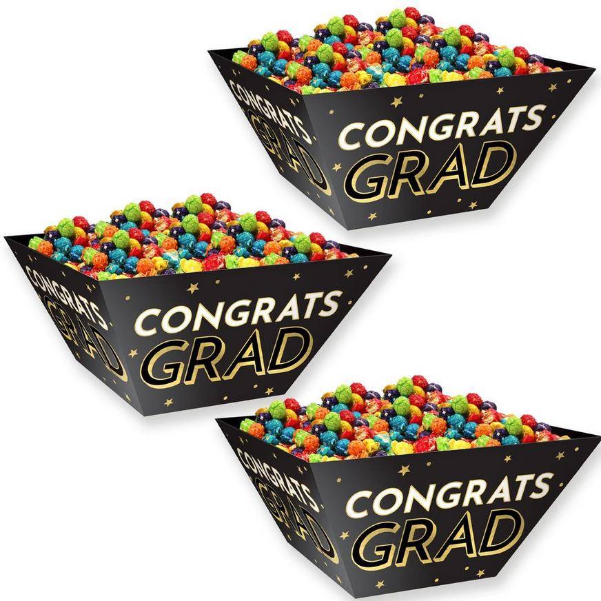Black Gold Congrats Grad Cardstock Snack Bowls, 12in, 3ct