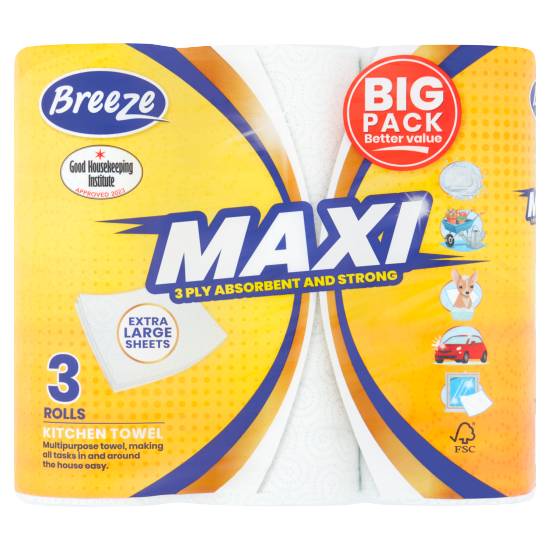 Breeze Maxi 3 Ply Absorbent & Strong Kitchen Towel Rolls (3 ct)