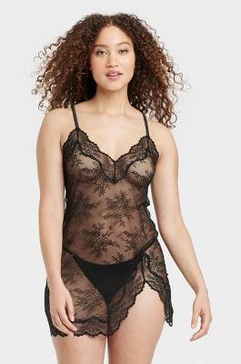 Auden Women's Allover Lace Lingerie Slip Dress, L, Black