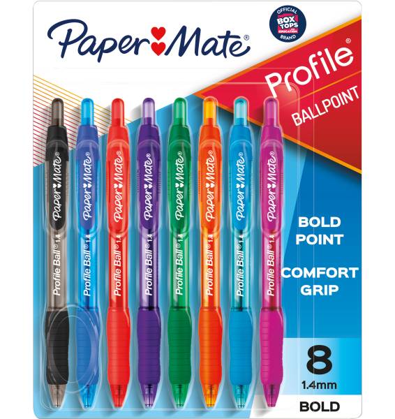 Paper Mate® Profile™ Retractable Ballpoint Pens, Bold Point, 1.4 mm, Assorted Translucent Barrel, Assorted Ink Colors, Pack Of 8