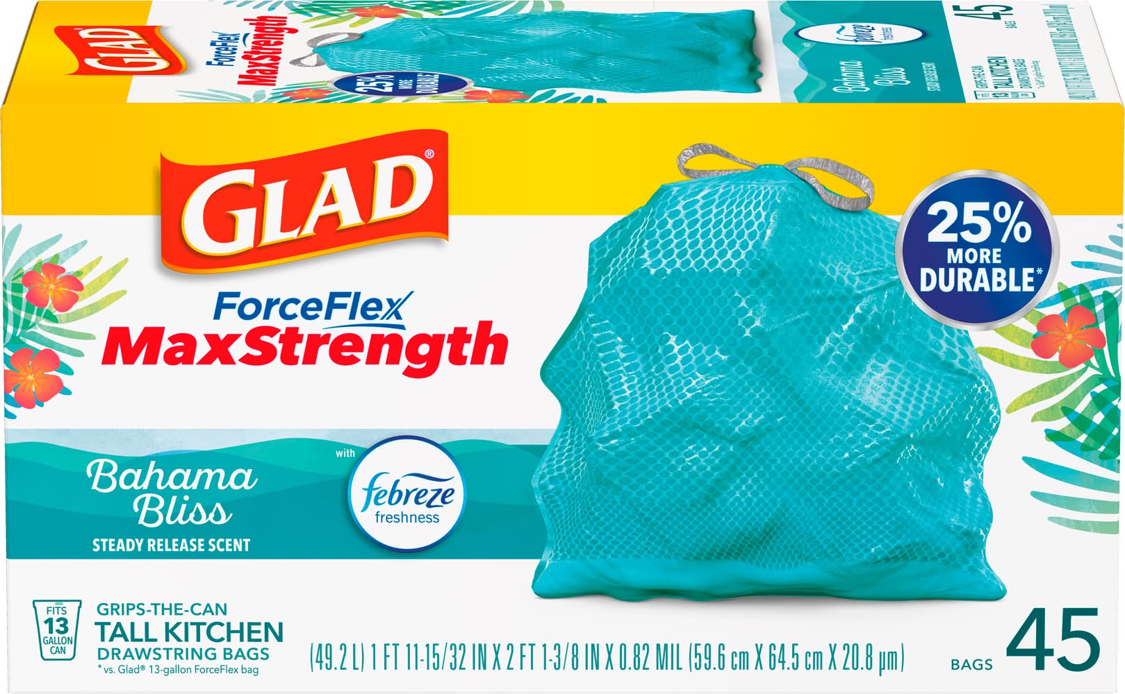 Glad Forceflex Maxstrength Tall Kitchen Drawstring Trash Bags, 59.6 x 64.5 cm, Teal (45 ct)