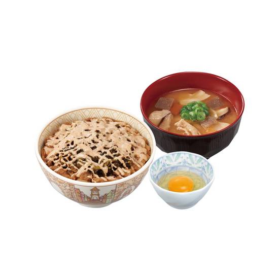 高菜明太マヨ牛丼とん汁たまごセット Gyudon(Beef Rice Bowl)w/ Mustard Leaf, Cod Caviar & Mayonnaise & Pork Miso Soup & Raw Egg