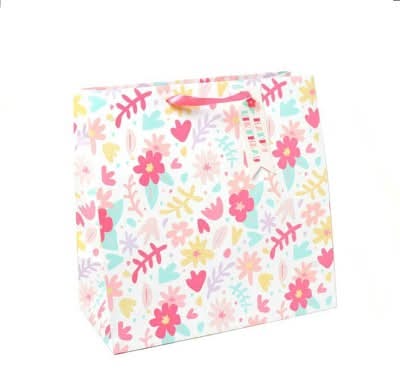 Spritz Square Floral Botanical Birthday Gift Bag With Glitter, M, Assorted
