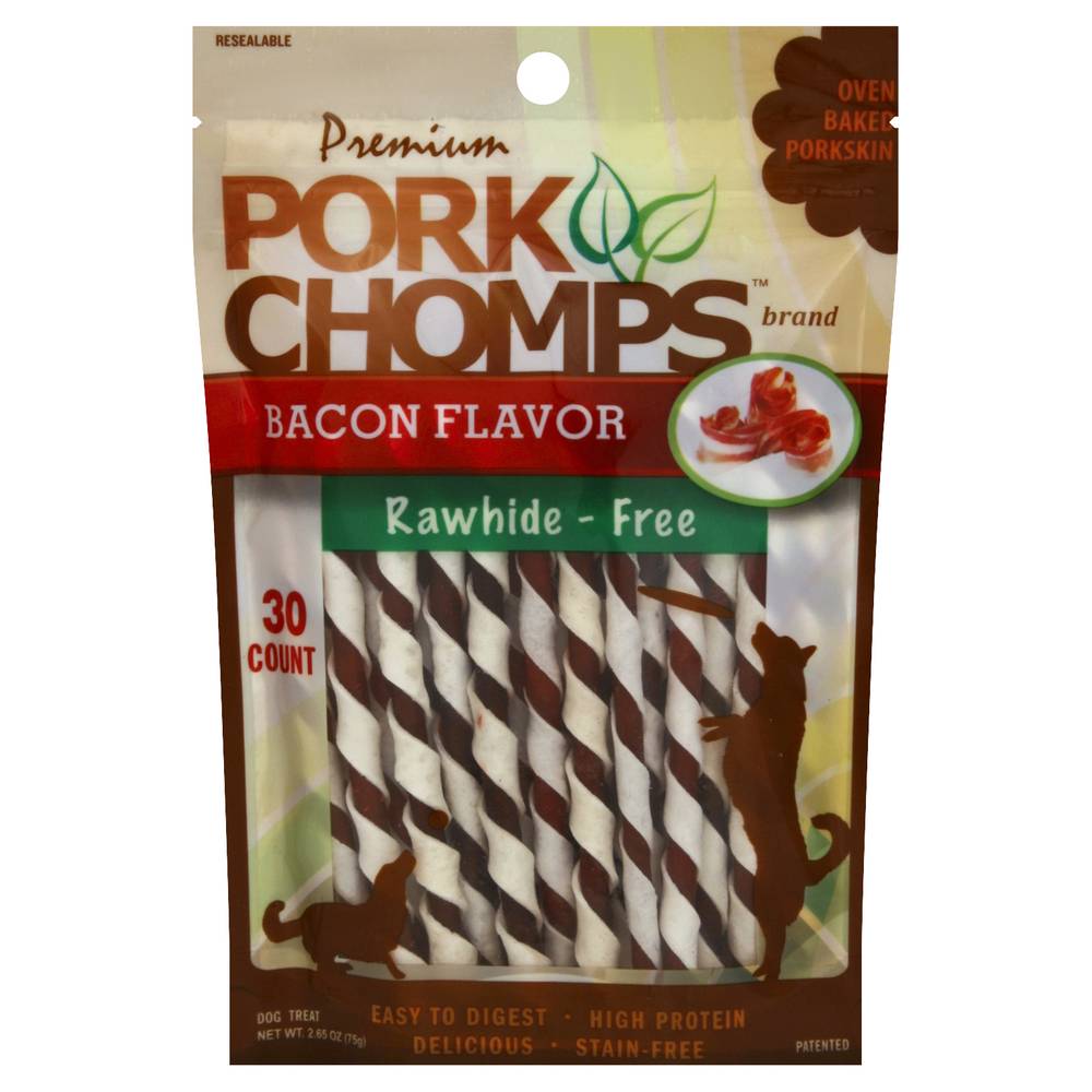 Pork Chomps Premium Rawhide Free Dog Treat, Bacon (2.65 oz, 30 ct)