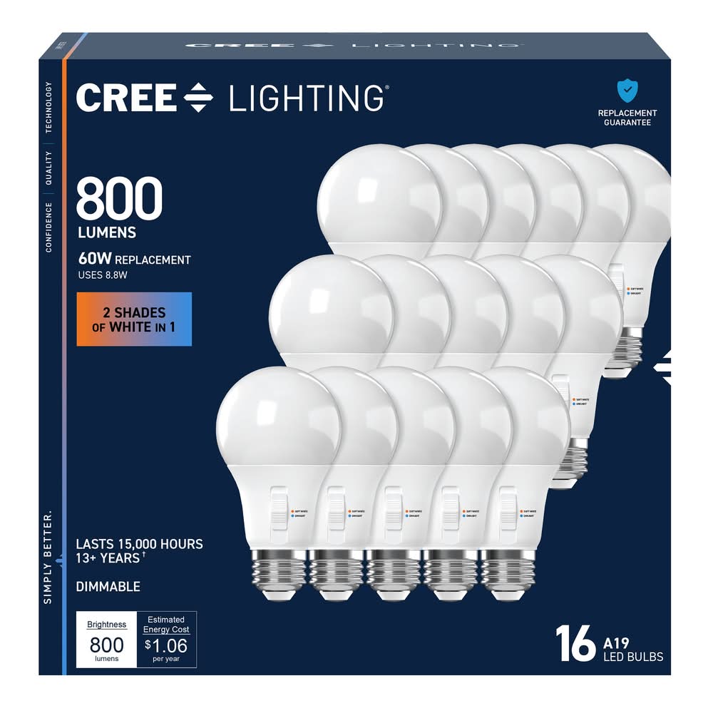 Cree Lighting 60 -Watt EQ A19 Switchable white Medium screw base E26 Dimmable LED General purpose Light Bulb 16 -Pack