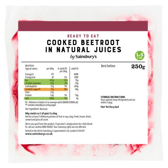 Sainsbury's Cooked Beetroot in Natural Juices (250g)