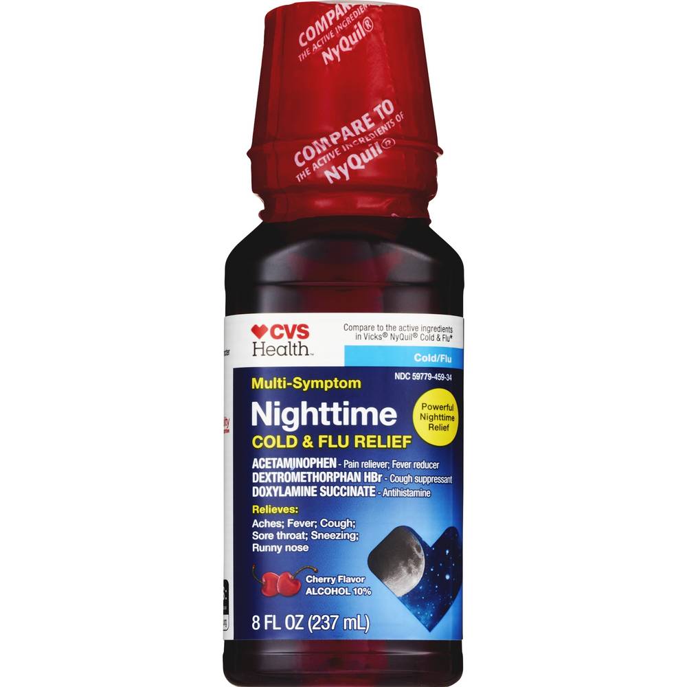 CVS Health Multi-Symptom Nighttime Cold & Flu Relief, Cherry, 8 OZ