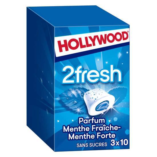 Hollywood Chewing-gum menthe fraiche - menthe forte sans sucres - 3x10 dragées 66 g