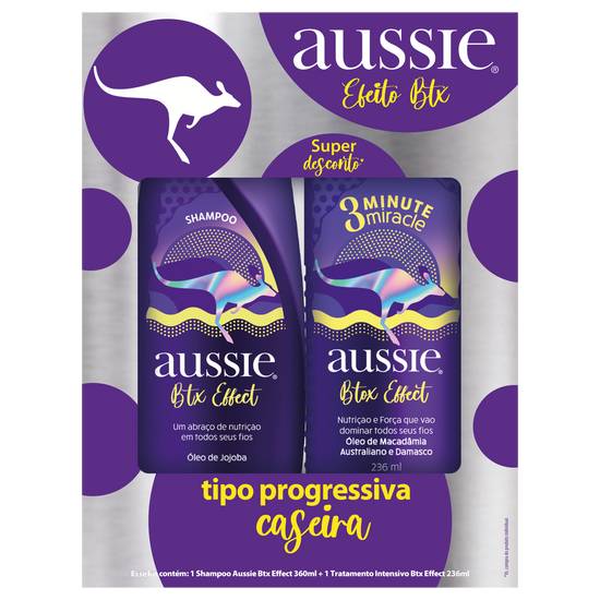 Aussie kit shampoo e condicionador btx effect 3 minute miracle tipo progressiva caseira (360ml + 236ml)