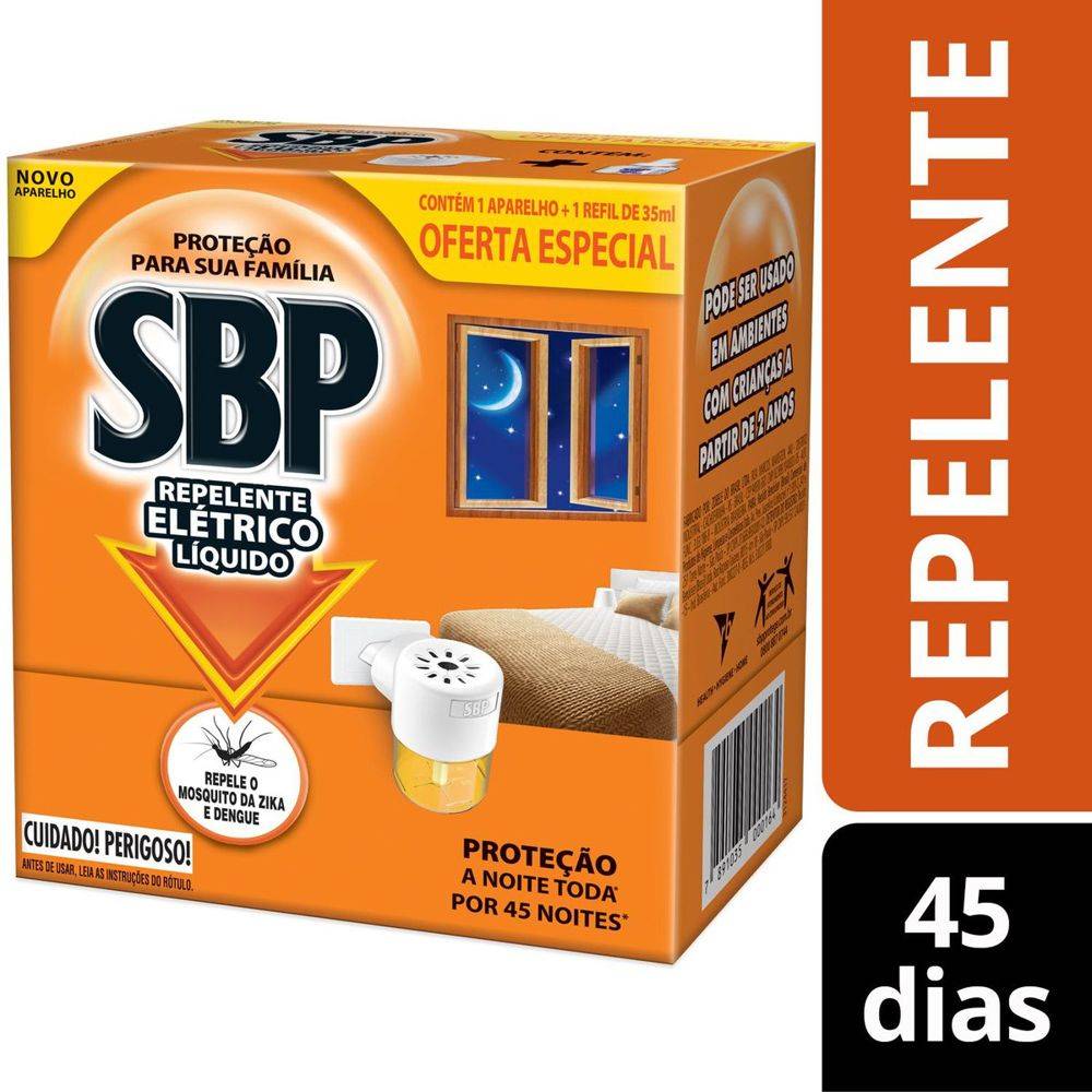 Sbp repelente elétrico líquido 45 noites aparelho + refil (2 itens)