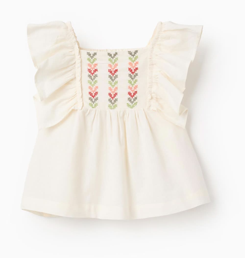 Top Com Mangas Com Folhos E Bordado Para Bebé Menina, Bege-Claro (Bege - 24/36M)