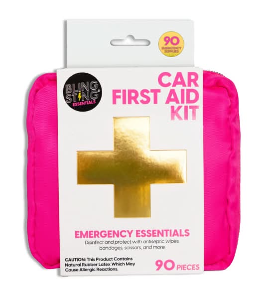 BLINGSTING Essentials Car First Aid Kit, 5"H x 5"W x 2"D, Pink, Set Of 90 Pieces