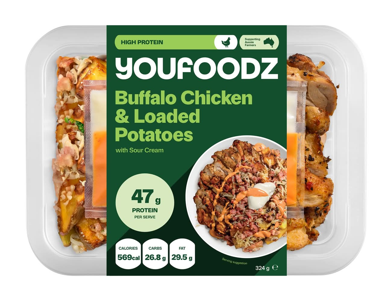 Youfoodz High Protein Buffalo Chicken & Loaded Potatoes with Sour Cream 324g