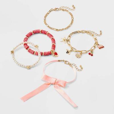 Girls' 5pk Charm Bracelet Set - art class™ Red/Gold: Multi-Strand Acrylic, Zinc Alloy, Clasp Closure, 6" Length