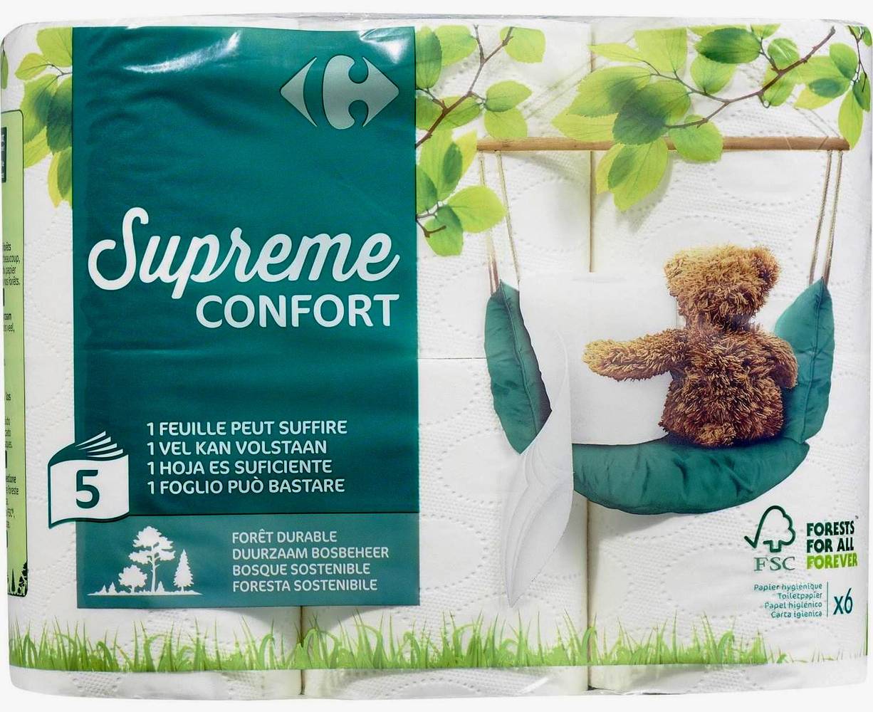 Carrefour - Rouleaux de papier toilette 5 plis supreme confort, blanc (6)