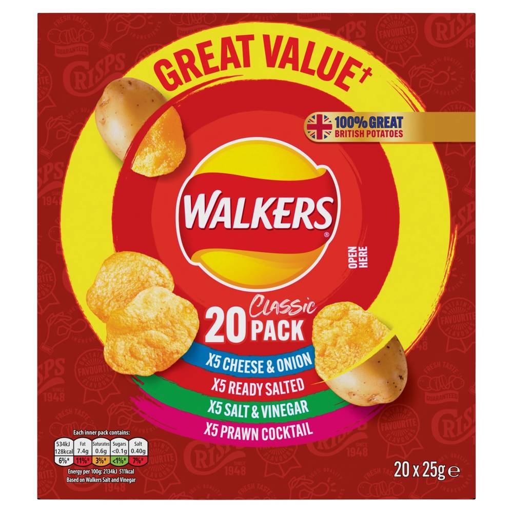 Walkers Assorted, Classic Variety Multipack Crisps Box (20 pack)