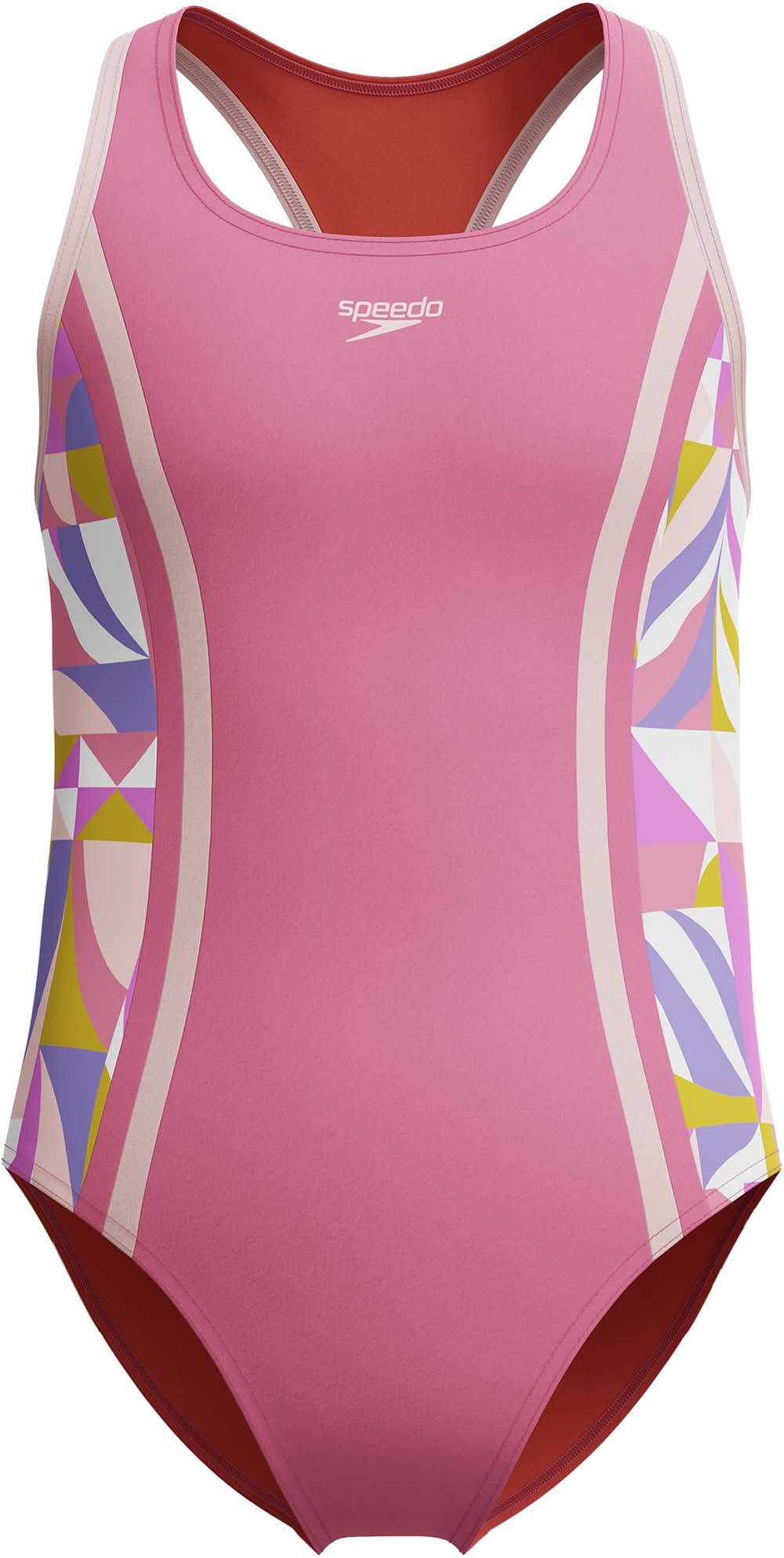 Speedo Girls' Printed Spliced Racerback One-Piece Swimsuit (Pink Lemonade, 14)