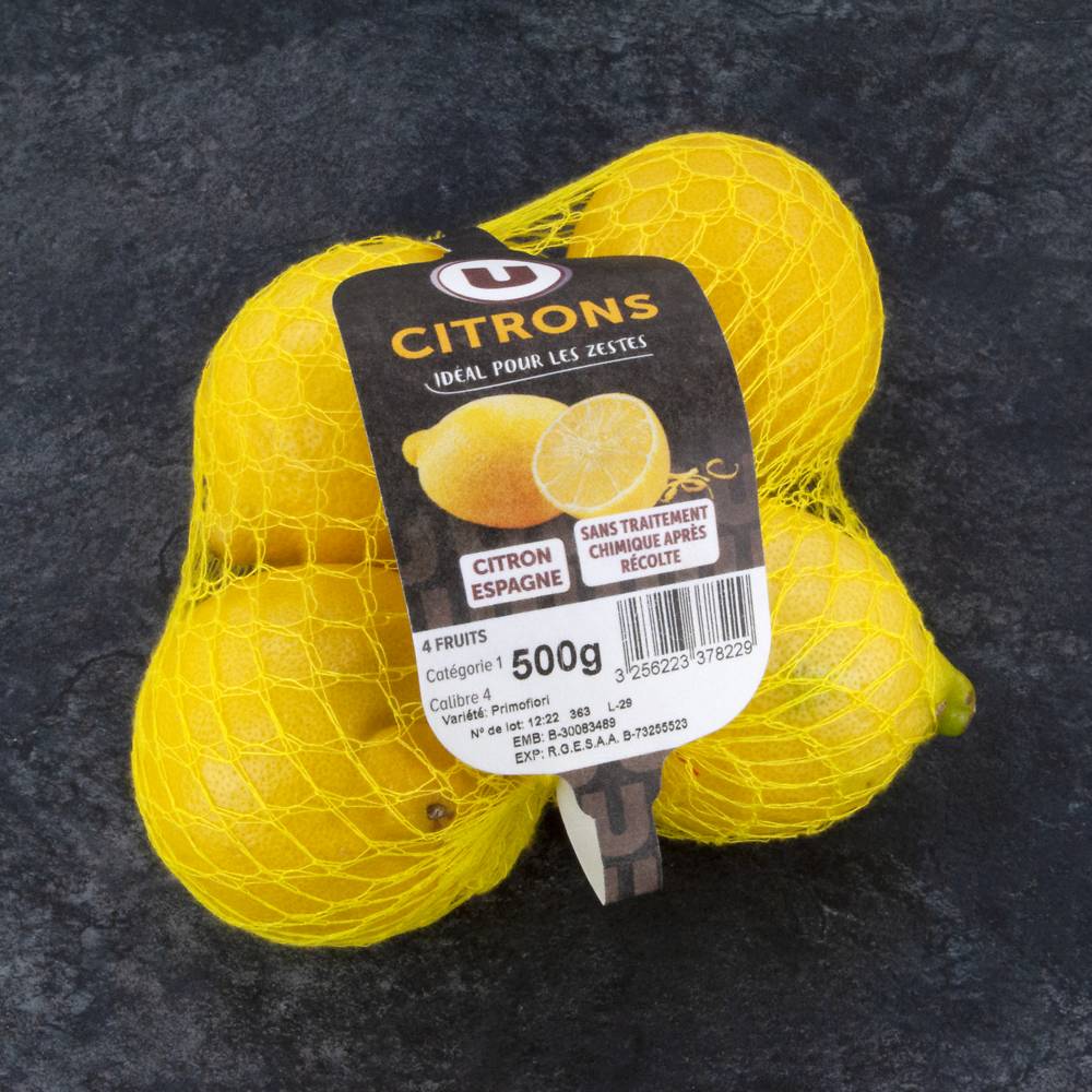 Citron jaune Primofiori,  calibre 4, catégorie 1, non traité aprèsrécolte, Espagne, filet 4 pièces