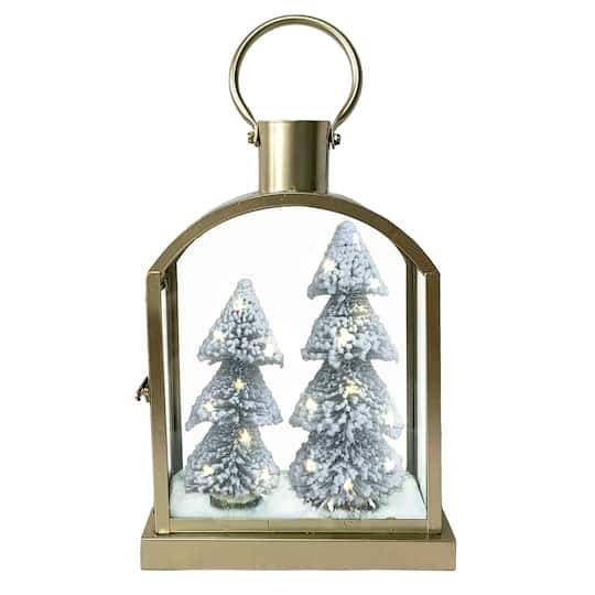 12" Gold Lantern With Frosted Led Lighted Trees By Ashland