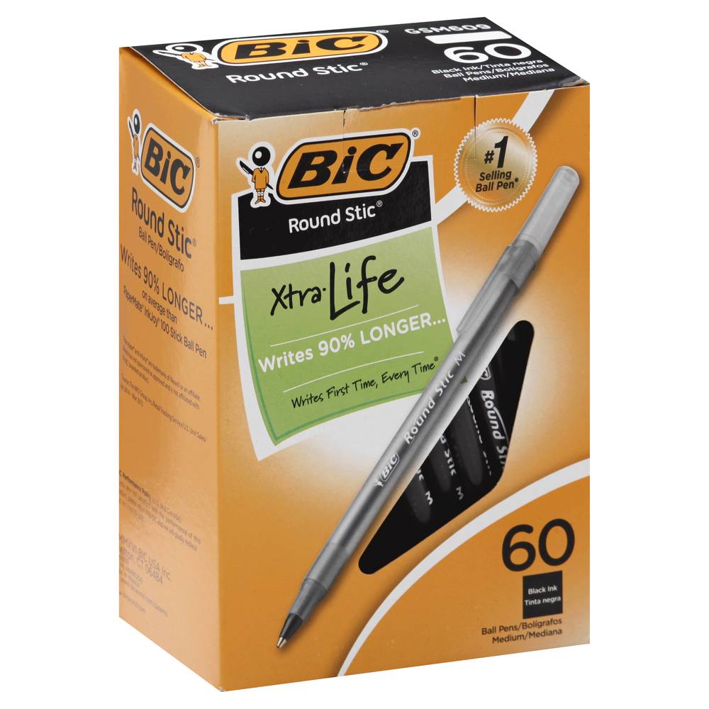 BiC Round Stic Xtra Life Black Ink Medium Ball Pens (60 ct)