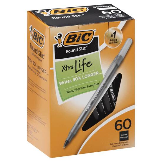 Bic Round Stic Xtra Life Black Ink Medium Ball Pens (60 ct)