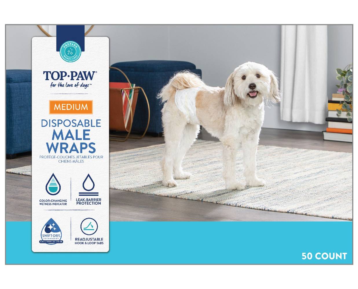 Top Paw Disposable Male Wraps For Dogs With Swift Dry Technology, Medium (50 ct)