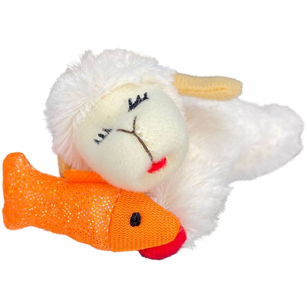 Multipet Lamb Chop Cat Holding Sparkle Fish Cat Toy