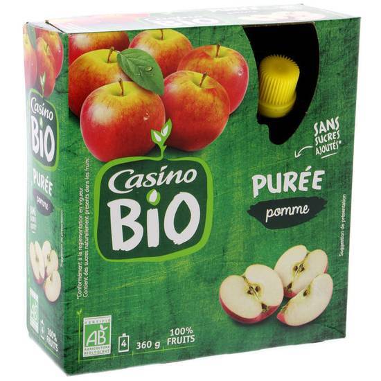 Casino Bio Purée de fruits - Pommes sans sucre ajouté - x4 gourdes - Biologique 4x90 g
