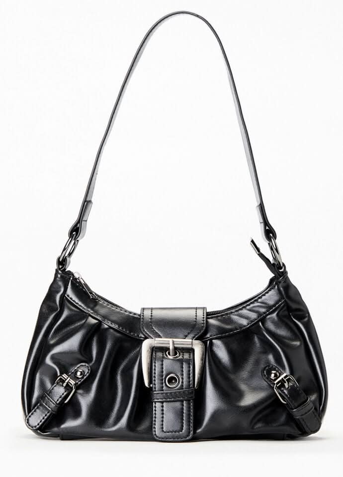 Faux Leather Buckle Shoulder Bag Black One Size
