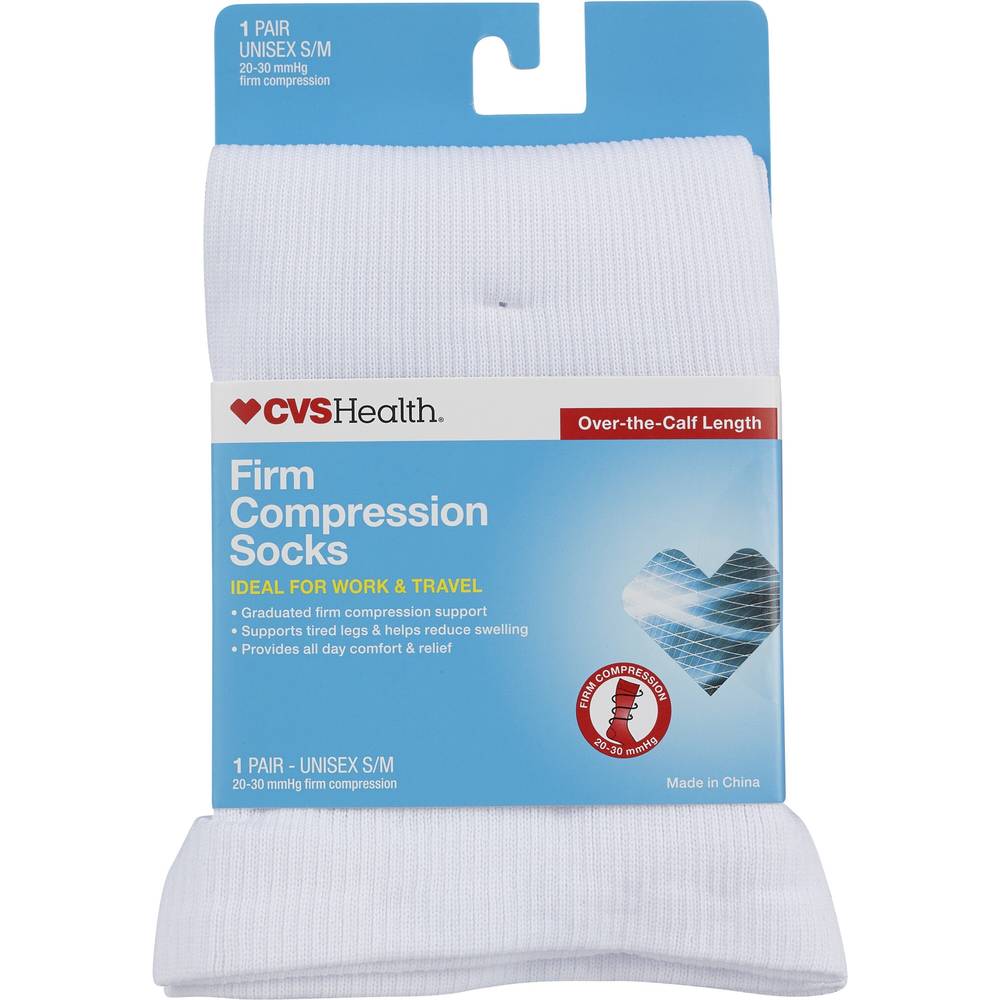 CVS Health Firm Compression Socks Over-The-Calf Length Unisex, 1 Pair, S/M, White
