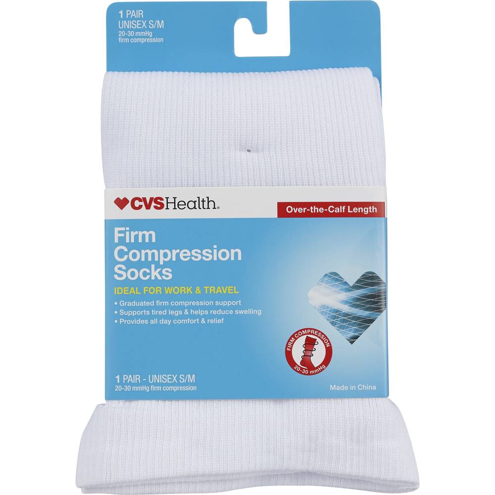 Cvs Health Firm Compression Socks Over-The-Calf Length Unisex, 1 Pair, S/M, White