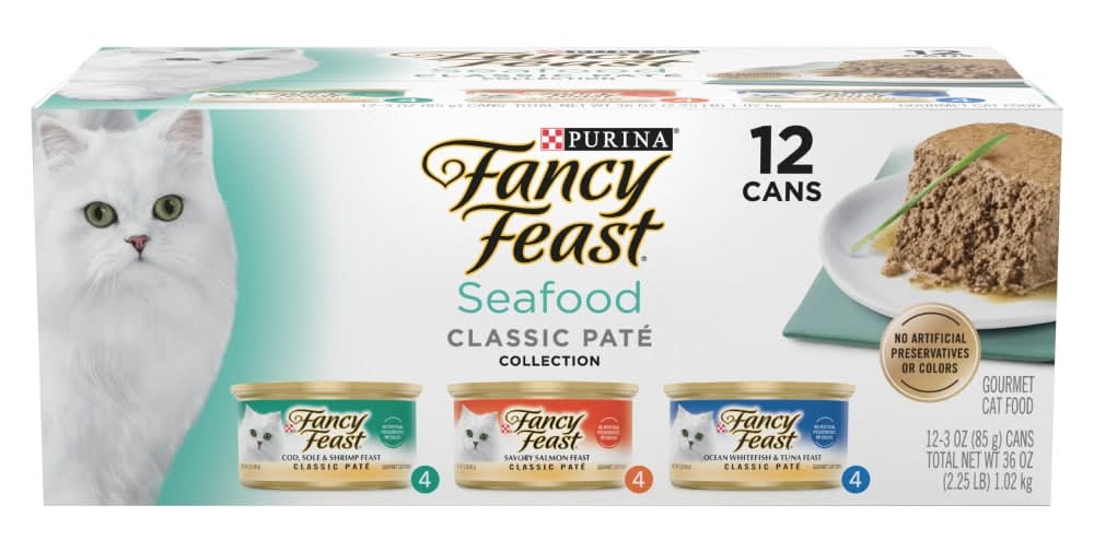 Purina Fancy Feast Seafood Classic Pate Collection Gourmet Wet Cat Food Variety pack, Cod Sole & Shrimp Feast-Savory Salmon Feast-Ocean Whitefish & Tuna Feast (12 x 3 oz)