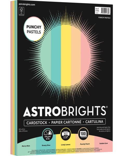 Astrobrights® Color Card Stock, Punchy Pastel Assortment, Letter (8.5" x 11"), 65 Lb, Pack Of 100