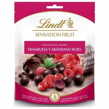 Grageas de chocolate negro rellenas de frambuesa y arándanos rojos sensation fruit Lindt 150 g.