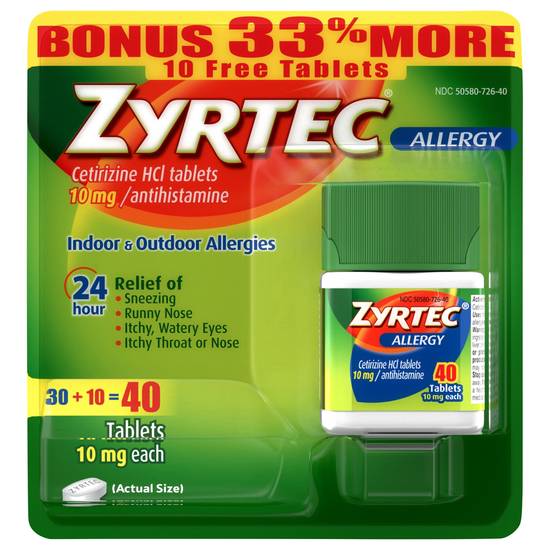 Zyrtec Original Prescription Strength 10 mg Indoor & Outdoor Allergies Tablets ( 40 ct)