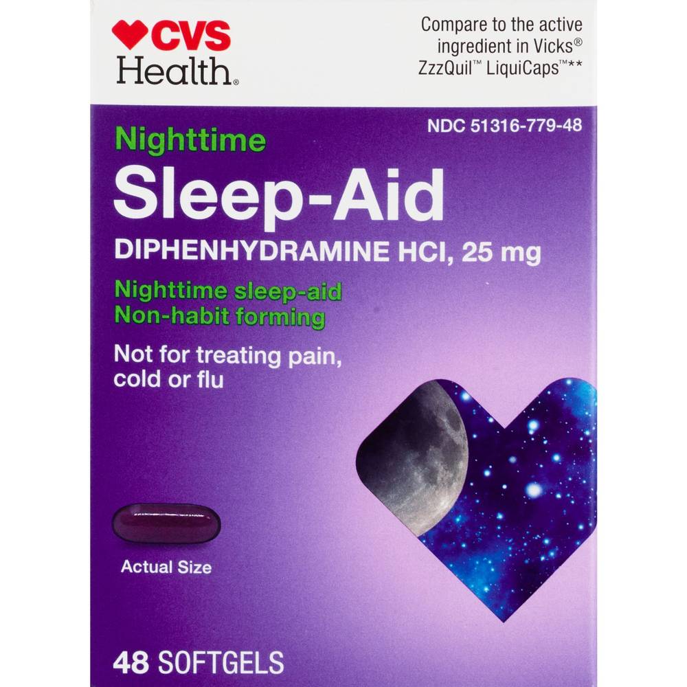 Cvs Health Nighttime Sleep Aid Diphenhydramine Hci 25 Mg Softgels, 48 Ct