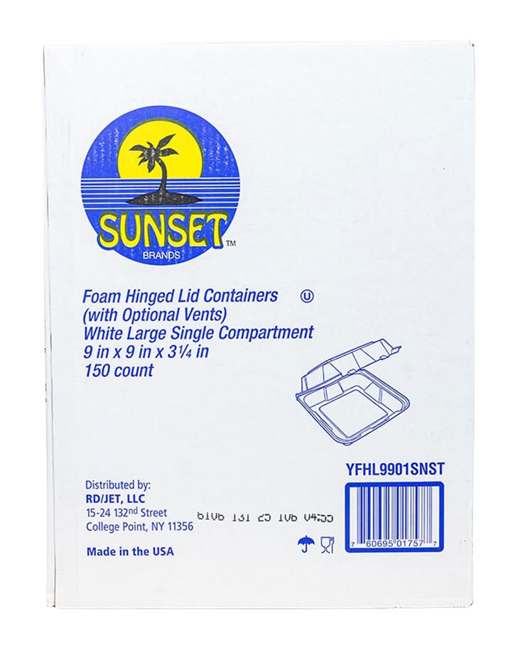 Sunset Foam Hinged Lid Containers, 9 in * 9 in * 3 1/4 in, White (150 ct)