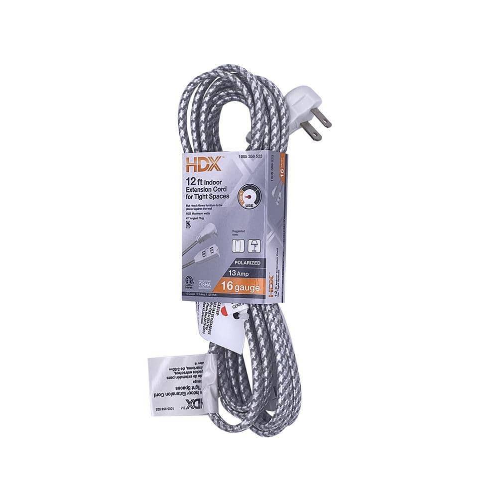 HDX 12 Amp 12 ft Indoor Extension Cord For Tight Space 1005358523, Grey-White