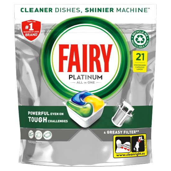 Fairy Platinum All in One Dishwasher Tablets Lemon, 21 Tablets