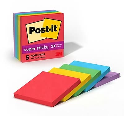 Post-it Super Sticky Notes, 3 x 3, Playful Primaries Collection, 90 Sheet/Pad, 5 Pads/Pack (654-5SSAN)
