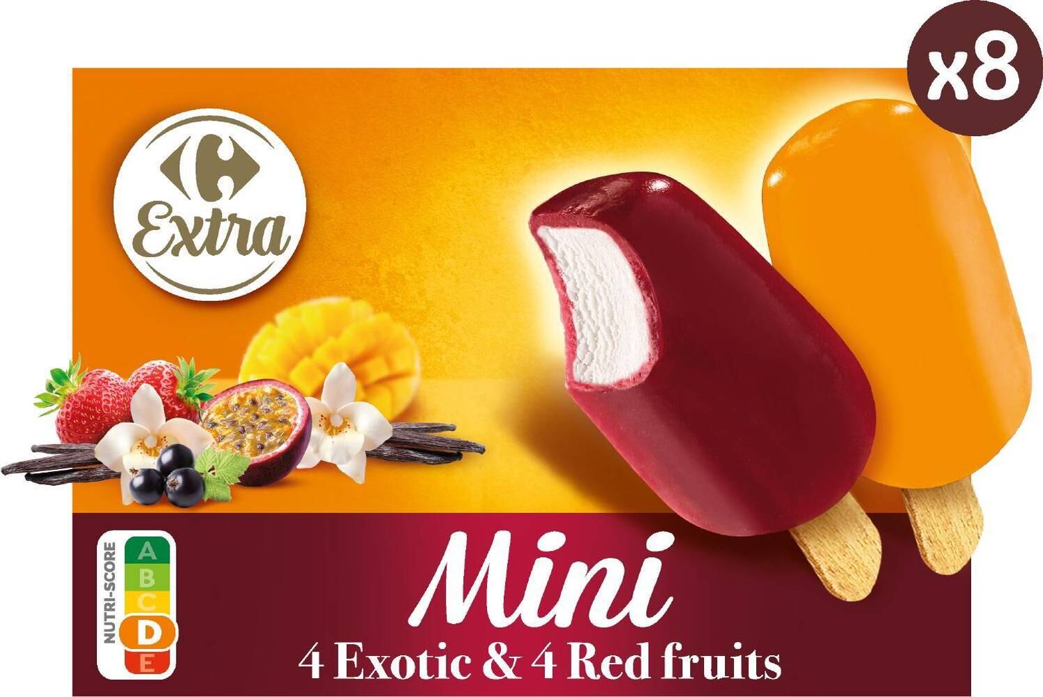 Carrefour Extra - Mini glaces à la vanille fruits exotiques et rouges (8 pièces)
