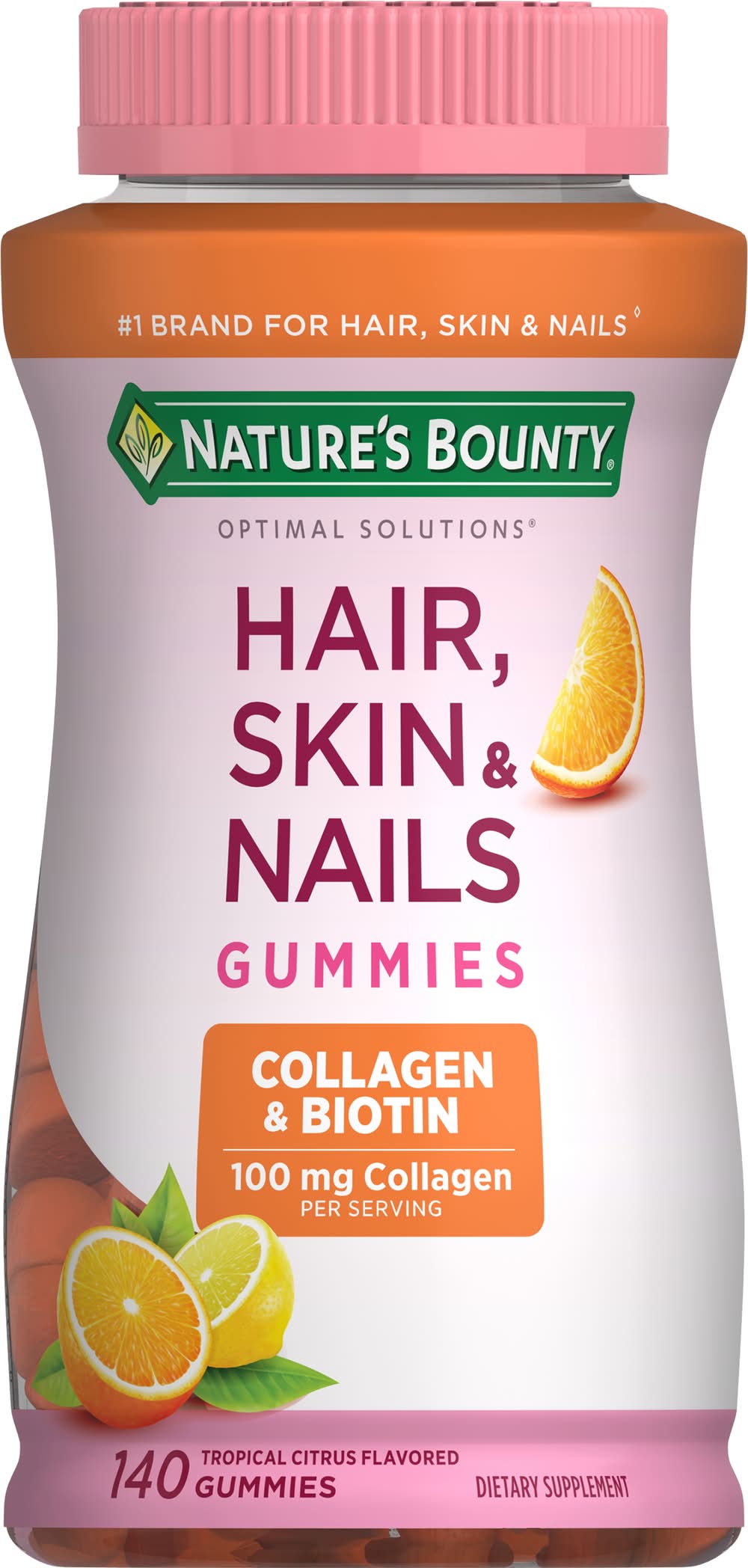 Nature's Bounty Optimal Solutions Hair Skin and Nails Gummy Vitamins With Biotin and Collagen, Citrus