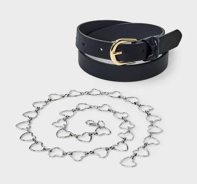 Girls' 2pk Bow and Heart Chain Belt - art class™ Black/Silver S: Adjustable Skinny Belts, Polyurethane & Bonded Leather