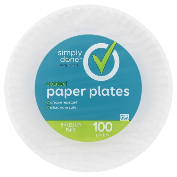 Simply Done Coated Paper Plates, 9'', White (100 ct)