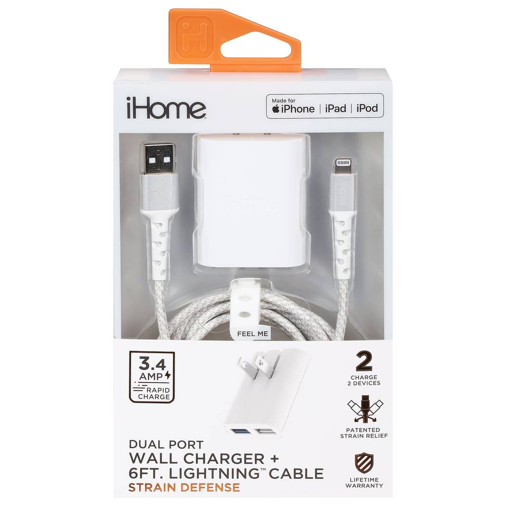 iHome Dual Port Strain Defense Wall Charger + 6ft Lightning Cable