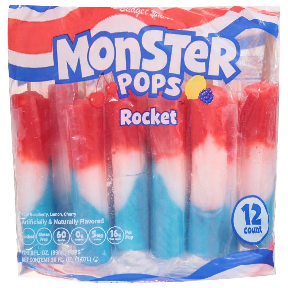 Budget Saver Monster Pops Rockets, Blue Raspberry Lemon Cherry (12 x 3 fl oz)